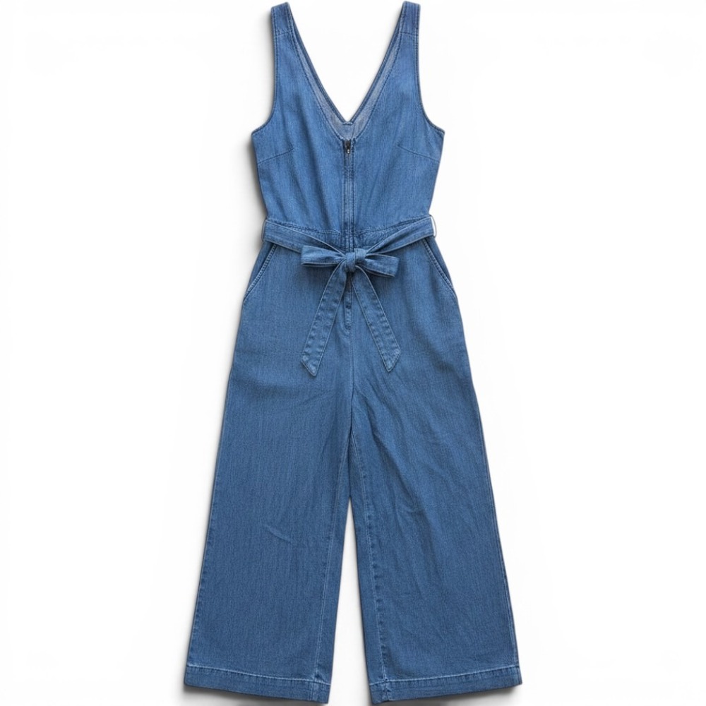 Denim Cotton Zipper Boho Hippie Earthy Jumpsuit Wide Leg Large Belted Coastal L